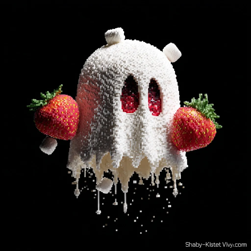 A digital rendering depicts a ghost-shaped confection, seemingly made of pixelated white cream, with strawberry accents.  The ghost's eyes are filled with vibrant red strawberry details, and two whole strawberries adorn its sides.  White drips extend downward, creating a melting effect against a stark black background. The overall style is playful and slightly surreal.