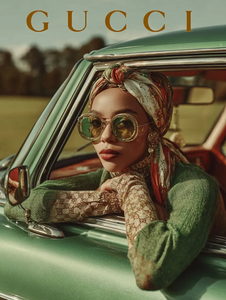 A woman wearing a Gucci patterned sweater and headscarf leans out of a vintage green car.  She sports oversized round sunglasses.  The Gucci logo is prominently displayed above. The image evokes a retro aesthetic, with warm sunlight illuminating the scene. The overall mood is stylish and sophisticated.