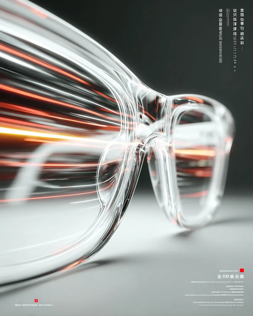 A close-up shot reveals a pair of transparent eyeglasses, their sleek design emphasized by blurred streaks of orange and white light.  The glasses appear modern and minimalist, with a focus on their smooth, curved lines.  The background is a muted gray, drawing attention to the glasses' translucent form.  Asian text is visible in the bottom right corner.