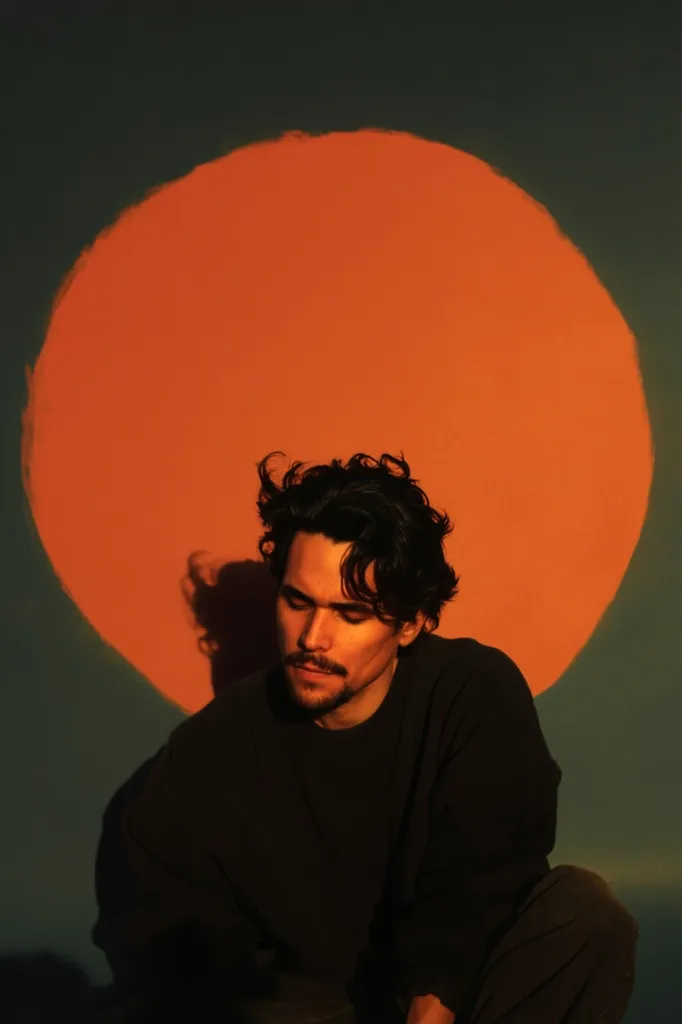 A young man with dark, curly hair sits hunched over, his gaze cast downward. He's wearing a dark-colored sweatshirt and pants.  The background features a large, painted orange circle against a teal wall, creating a dramatic contrast of warm and cool tones, and casting a shadow of the man on the orange circle. The overall mood is contemplative and moody.