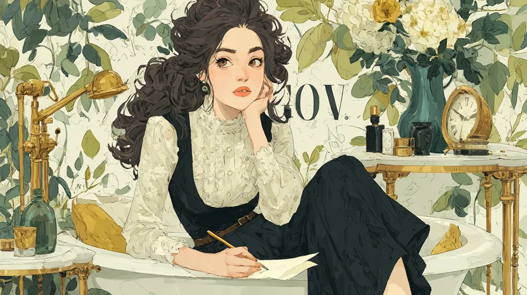 A young woman with dark, curly hair sits in a clawfoot bathtub, pensively writing in a notebook.  She's dressed in an elegant, lacy blouse and dark skirt,  a gold pencil in hand.  The opulent bathroom is adorned with gold accents, a floral wallpaper, and a small table displaying perfume bottles and a vintage clock. The overall aesthetic is vintage and romantic.