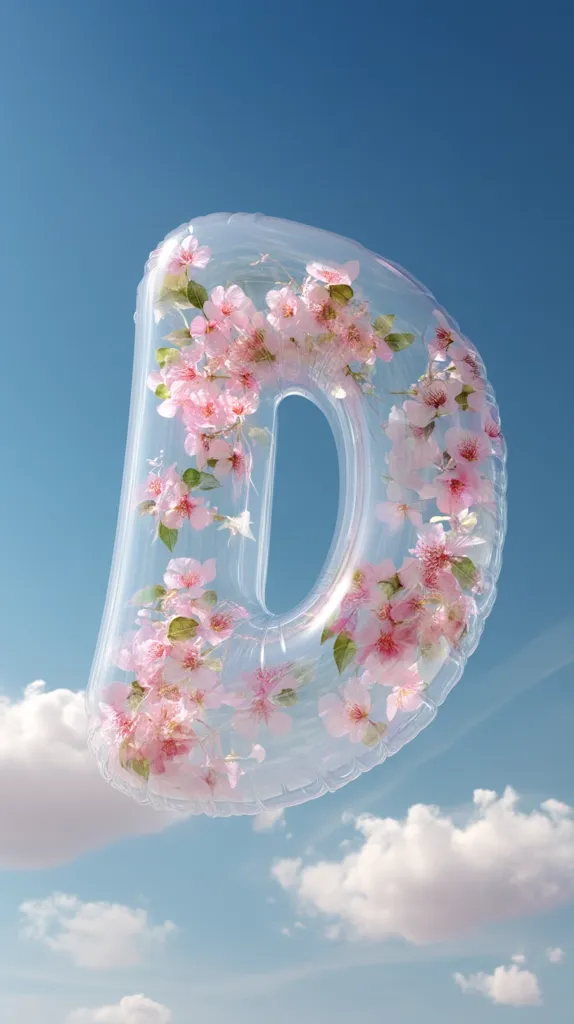 A transparent inflatable letter "D" is adorned with delicate pink cherry blossoms.  It floats against a vibrant blue sky dotted with fluffy white clouds, creating a whimsical and serene scene. The image evokes a feeling of spring and lightness, with the flowers appearing to be pressed within the inflatable's clear surface.