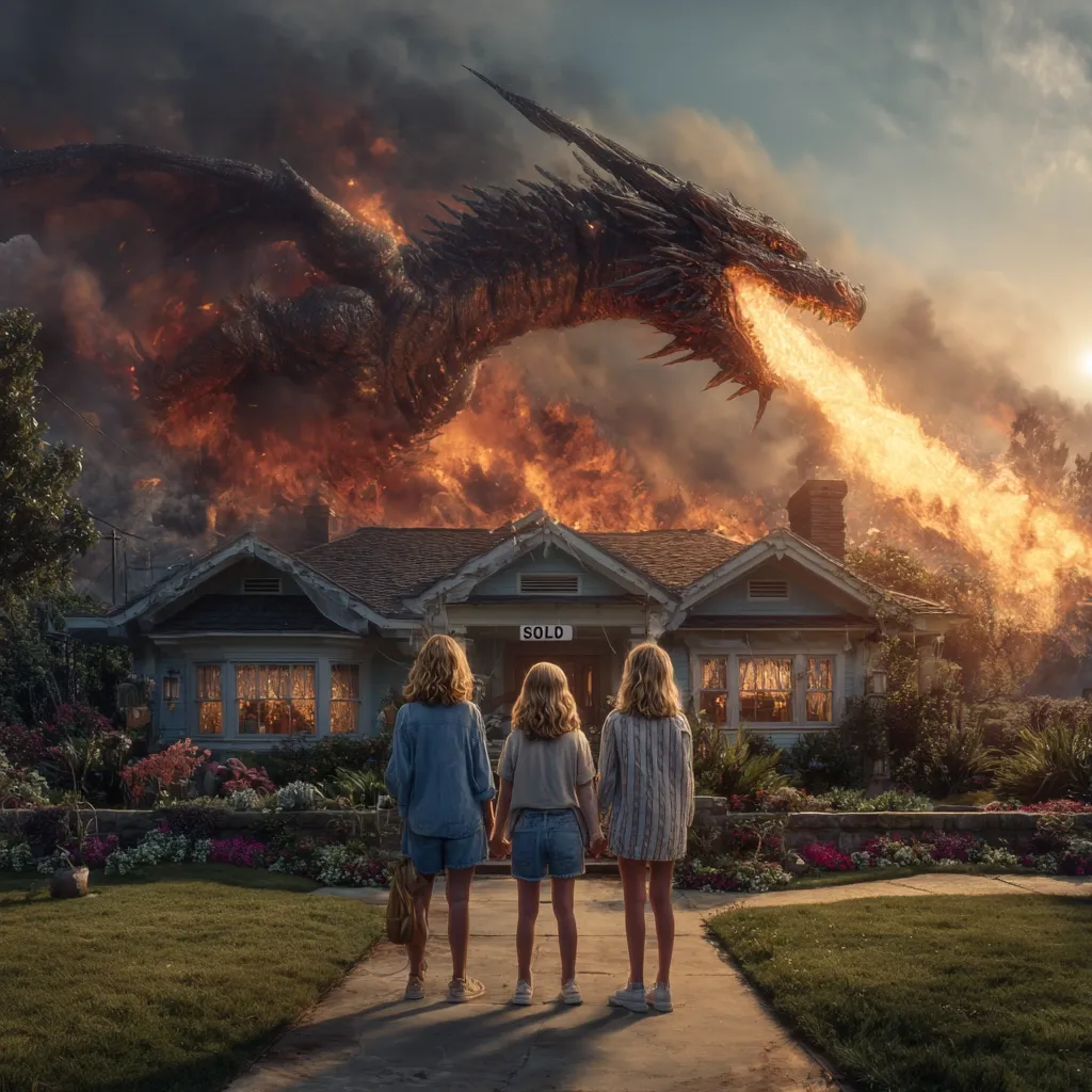 Three girls stand on a sidewalk, watching in awe as a massive, fire-breathing dragon attacks a house marked "SOLD." The house is engulfed in flames, creating a dramatic contrast against the fiery breath of the dragon. The scene is set against a stormy sky, enhancing the dramatic tension of the moment.  The girls' expressions are not visible, leaving their reactions to the unfolding spectacle to the viewer's imagination.