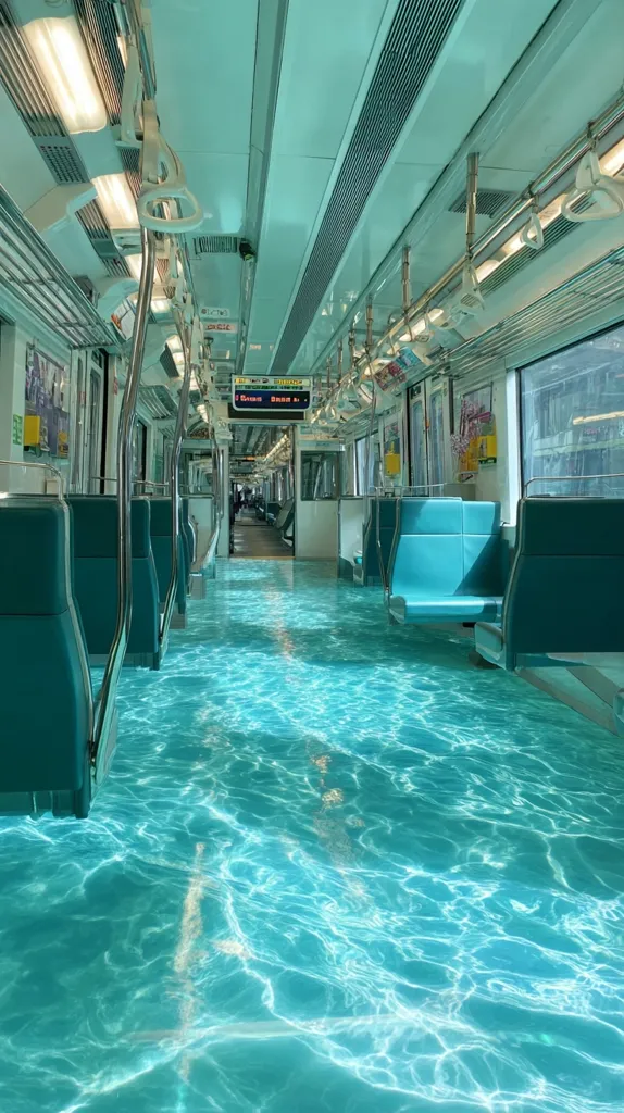 The interior of a subway car is depicted, featuring teal-colored seats and a striking floor design.  The floor is an optical illusion, appearing as a pool of shimmering turquoise water, creating a surreal and calming effect.  The overall aesthetic is clean and modern, with bright lighting enhancing the vibrant color palette.  Empty seats suggest a quiet moment on the train.