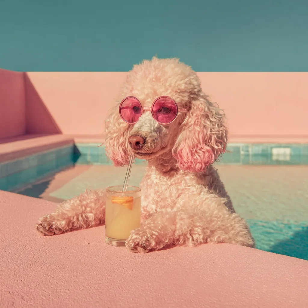 A fluffy, light pink poodle dog lounges poolside, sporting pink round sunglasses.  It rests its paws on a pink surface, casually sipping a yellow beverage through a straw from a short glass. The scene is bathed in a warm, vintage-inspired light, with a pastel pink pool and backdrop. The overall vibe is playful and summery.