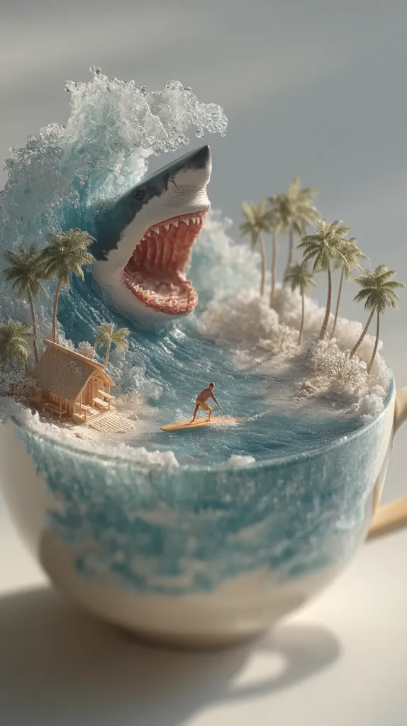 A miniature diorama depicts a great white shark emerging from a wave, engulfing a tropical beach scene within a teacup.  A tiny surfer rides a wave towards the shark's open jaws, creating a dramatic contrast of scale and danger. Palm trees, a small beach hut, and the ocean are meticulously crafted, showcasing impressive artistry and detail within this captivating miniature world.