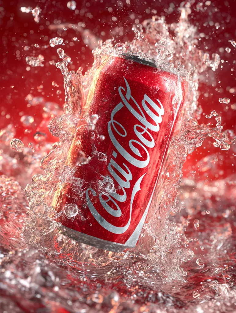 A Coca-Cola can plunges into a pool of water, creating a vibrant splash.  Water droplets explode outwards, surrounding the red can with a dynamic energy. The iconic Coca-Cola script stands out against the glistening wet surface. The background is a deep, saturated red, enhancing the overall visual impact of the refreshing scene.