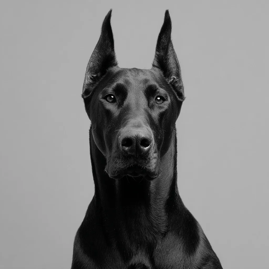 A black Doberman Pinscher stares directly at the camera in a monochrome studio portrait.  Its erect ears and intense gaze are striking against the neutral gray background. The dog's muscular neck and powerful build are clearly visible, showcasing its breed's characteristic elegance and strength. The image is sharp and detailed, emphasizing the dog's textures and features.