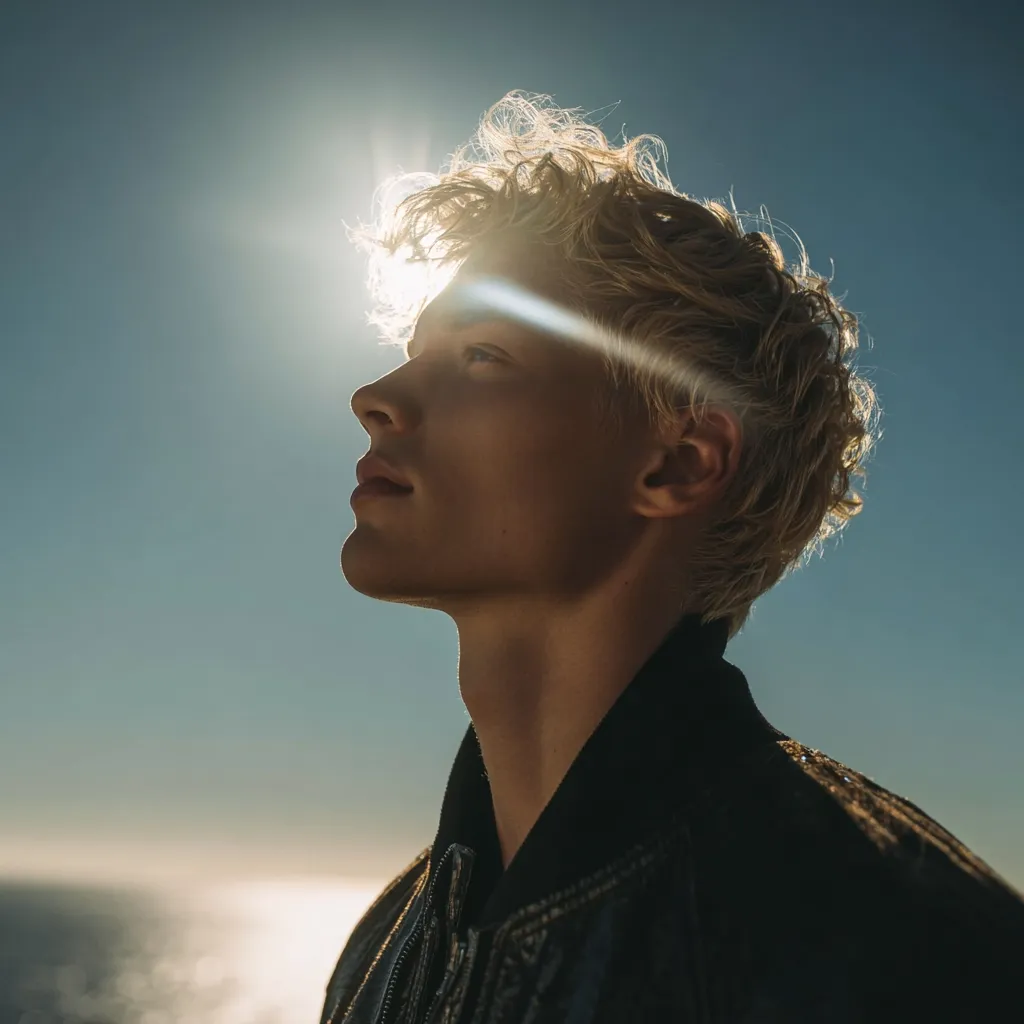 A young man with blond, curly hair gazes upward into the sun.  The sunlight creates a lens flare across his face, highlighting his sharp features. He's wearing a dark bomber jacket. The background is a clear, bright sky, with a hint of ocean visible at the bottom. The overall mood is one of contemplation and serenity.