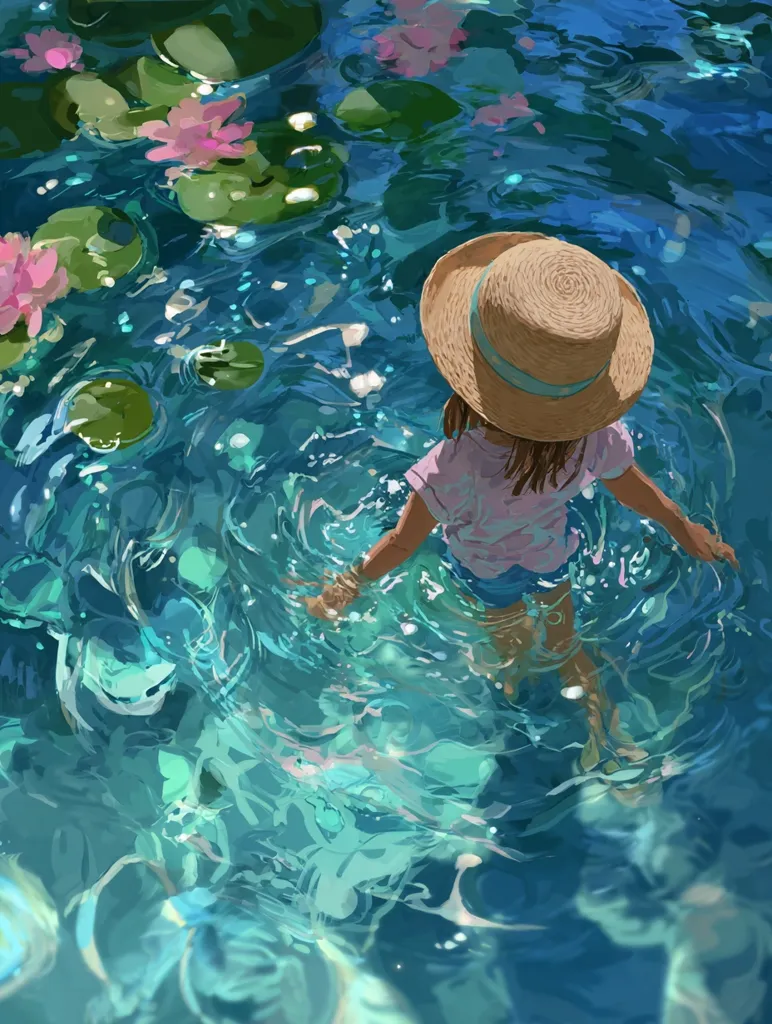 A girl wearing a straw hat wades in a calm, turquoise pool.  Sunlight dances on the water's surface, creating shimmering reflections.  Pink water lilies and their large green pads float serenely around her. The scene is peaceful and idyllic, evoking a sense of summer tranquility.