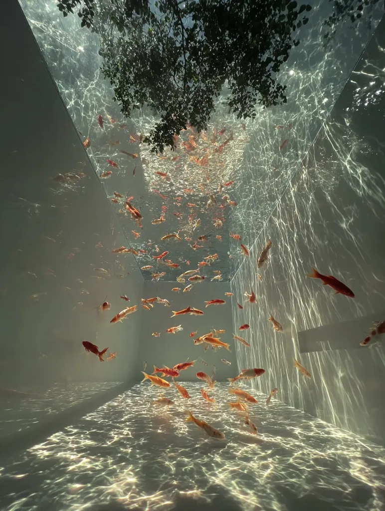 A serene underwater scene showcases numerous koi fish gracefully swimming within a glass-enclosed structure. Sunlight filters through the water, creating shimmering patterns on the white walls and floor.  The fish, various shades of orange and red, appear tranquil amidst the dappled light.  Overhead, tree branches partially obscure the sky, adding a natural element to the otherwise minimalist environment.