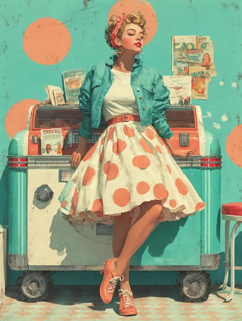 A stylish 1950s woman, in a teal denim jacket and polka dot skirt, leans against a vintage turquoise jukebox.  She wears orange sneakers and large earrings.  Retro advertisements and orange circles adorn the teal background. The scene is vibrant and evokes a nostalgic, Americana feel.