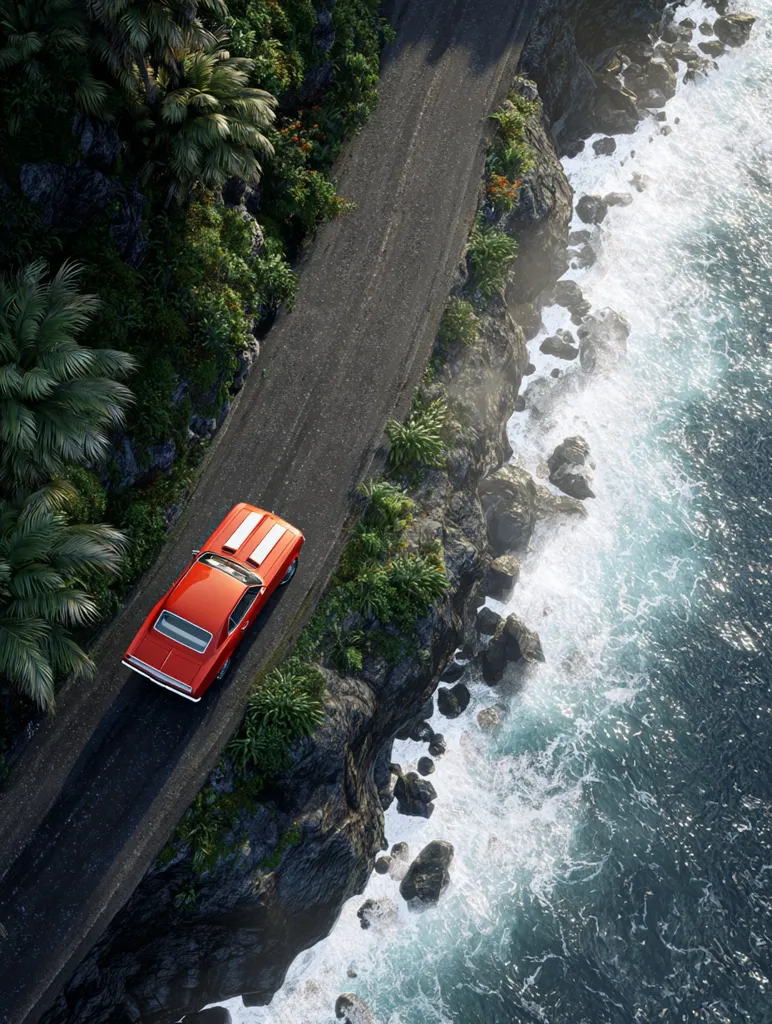 An aerial view captures a vibrant red classic muscle car cruising along a coastal road.  Lush tropical foliage borders the winding asphalt, which hugs a dramatic cliff edge overlooking a turbulent ocean.  White waves crash against the rocky shoreline, creating a breathtaking contrast between the car's vibrant color and the natural, rugged beauty of the landscape.