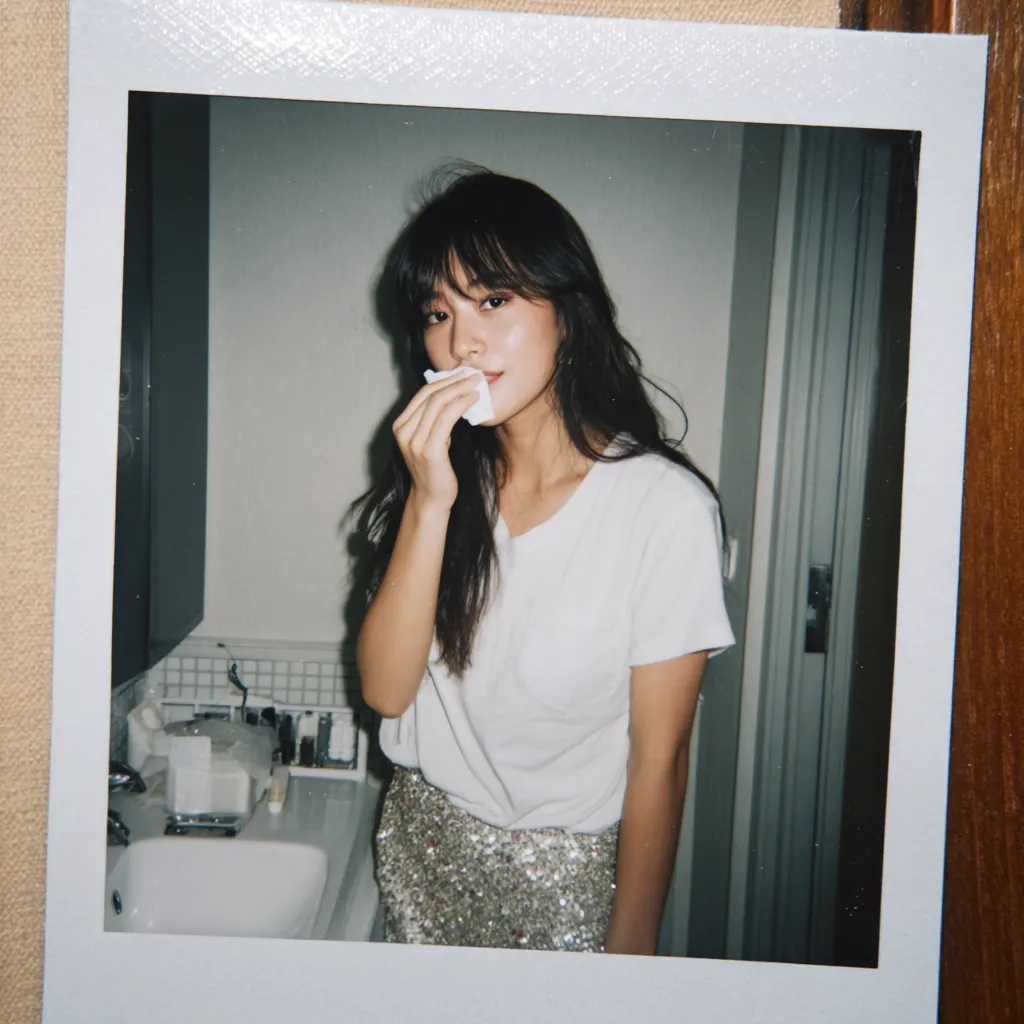 A Polaroid-style photograph captures a young woman with long, dark hair and bangs.  She's in a bathroom, wearing a white t-shirt and a sparkly silver skirt.  She holds a tissue to her mouth, possibly blotting lipstick or cleaning her face. The image has a slightly grainy, vintage feel.  The overall mood is intimate and understated.