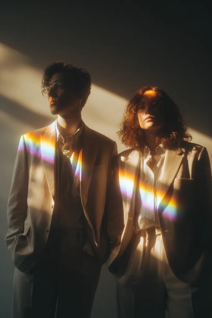 A stylish duo, a man and a woman, stand side-by-side, bathed in the warm glow of sunlight creating a rainbow prism effect.  Both wear light beige suits, adding to the image's serene and sophisticated aesthetic.  Their glasses and composed poses enhance the overall sense of calm and understated elegance. The background is a muted gray, focusing attention on the subjects and the play of light.