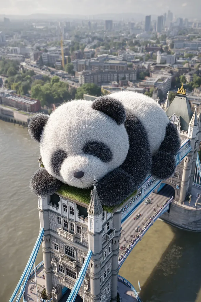 A giant, fluffy panda bear is asleep on top of one of the towers of Tower Bridge in London.  The panda's immense size dwarfs the iconic landmark, creating a whimsical and surreal scene.  The city of London stretches out in the background, a hazy panorama beneath the sleeping panda.  The image is a digital artwork, blending realism with fantasy.