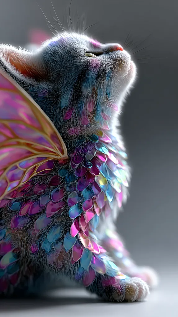 A digitally created image showcases a fluffy gray kitten adorned with iridescent, scale-like feathers in shades of pink, purple, and blue.  Large, translucent, pink wings sprout from its back, adding to its fantastical appearance. The kitten looks upward, its expression serene and dreamy against a muted gray background. The overall effect is magical and whimsical.