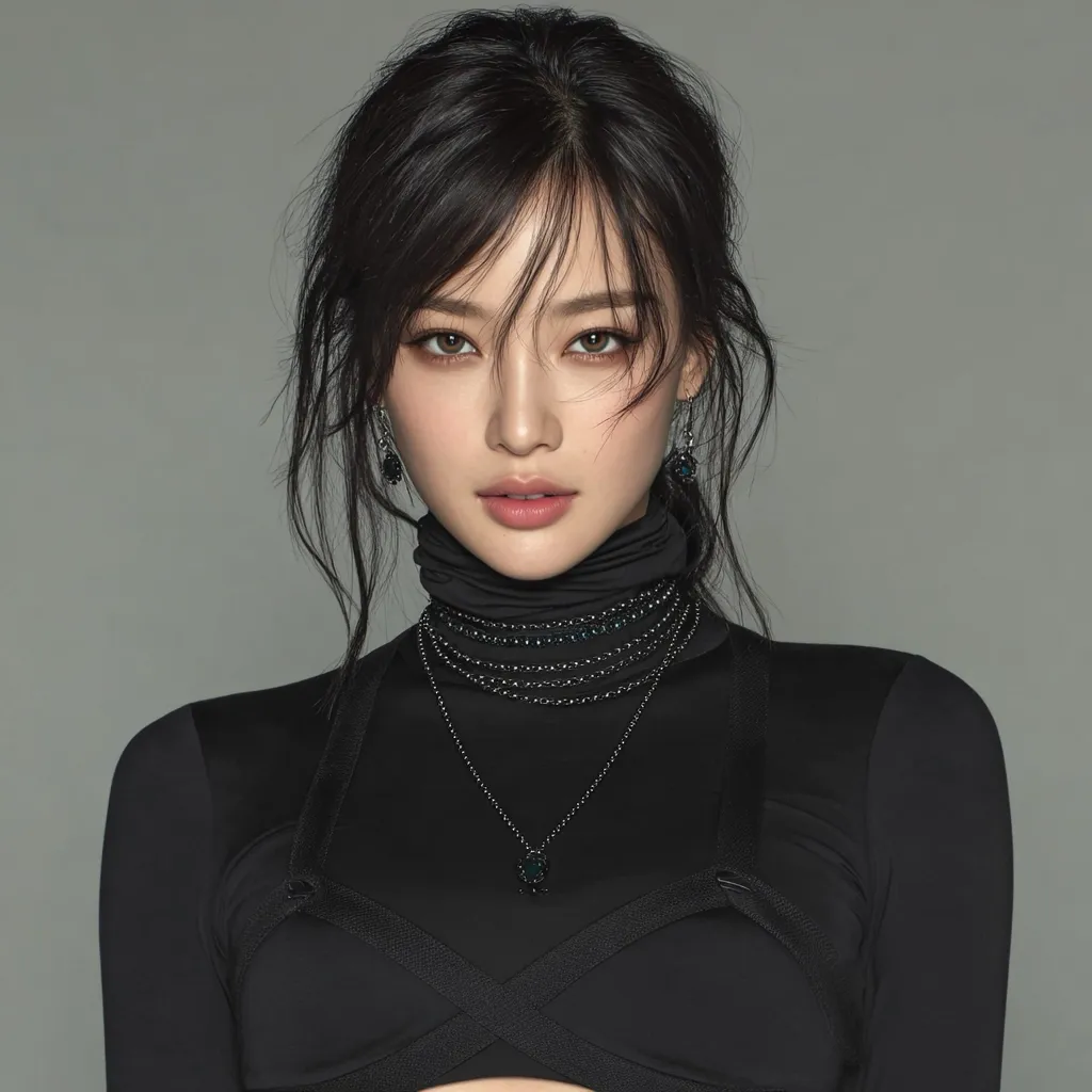 A young woman with dark hair styled in a half-updo with bangs gazes directly at the camera.  She's wearing a black turtleneck top layered over a black bra, and accessorized with multiple delicate black necklaces and matching earrings. Her makeup is subtly dramatic, emphasizing her eyes and lips. The overall aesthetic is chic and modern, with a hint of darkness.