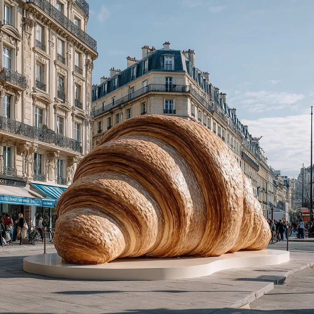 A giant croissant sculpture dominates a Parisian street scene.  The colossal pastry, meticulously detailed, sits on a low platform, dwarfing the elegant Haussmannian buildings behind it.  Pedestrians stroll past, providing a sense of scale to the impressive artwork. The sunlight accentuates the warm tones of the croissant, creating a striking contrast against the pale stone buildings.