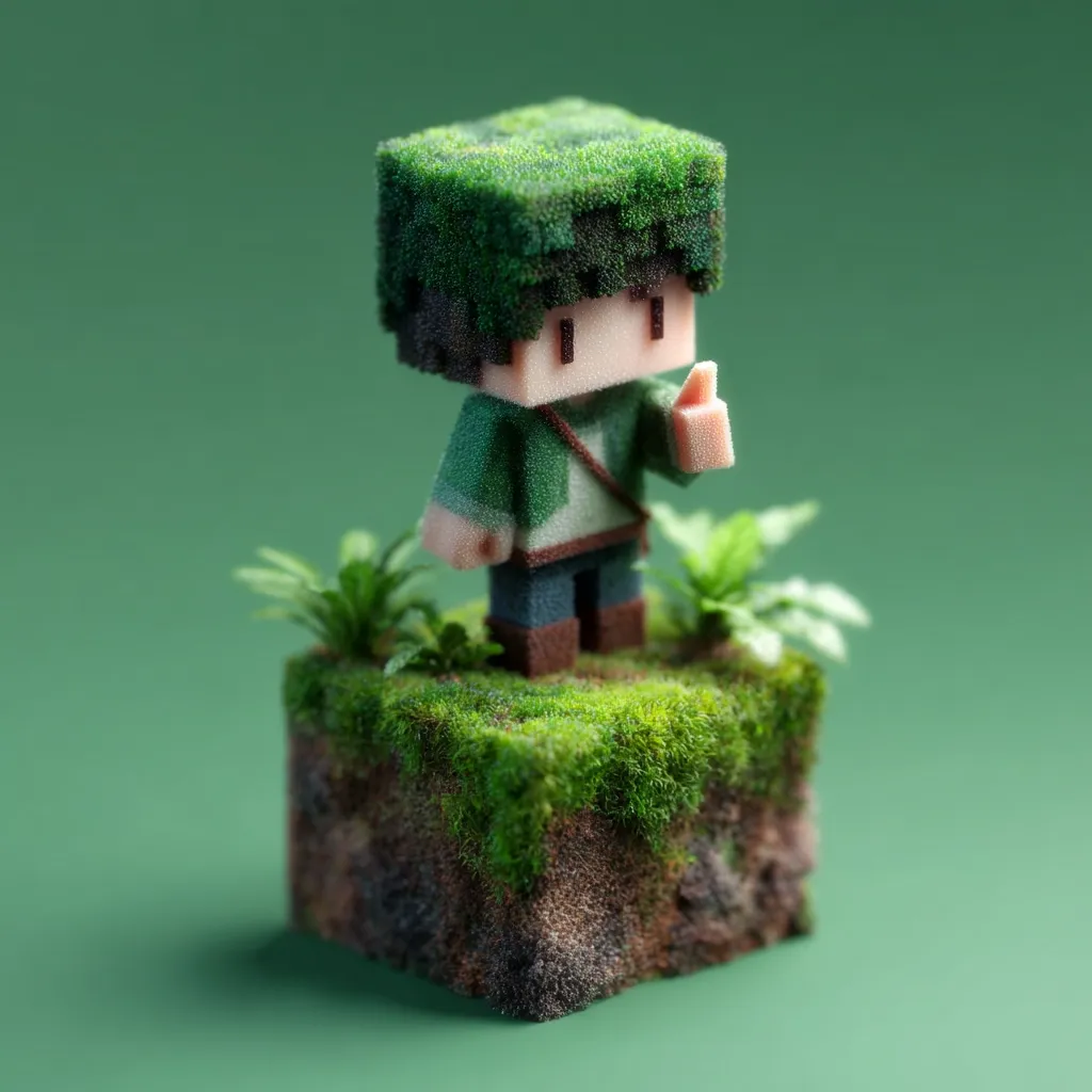 A charming, miniature figurine, reminiscent of Minecraft aesthetics, stands atop a mossy cube.  The figure, with a head of textured green moss, wears a green shirt and brown pants, giving a thumbs-up.  Small plants surround its base, enhancing the naturalistic, earthy scene. The overall style is cute and whimsical, with a focus on texture and detail.