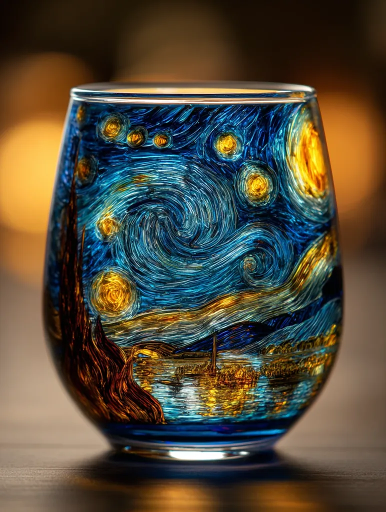 A stemless wine glass features a meticulously hand-painted reproduction of Van Gogh's "The Starry Night."  The vibrant blues, yellows, and swirling brushstrokes of the iconic painting are faithfully replicated on the glass's surface.  The artwork is brilliantly illuminated, showcasing the detail and artistry. The glass rests on a dark surface, creating a dramatic contrast.