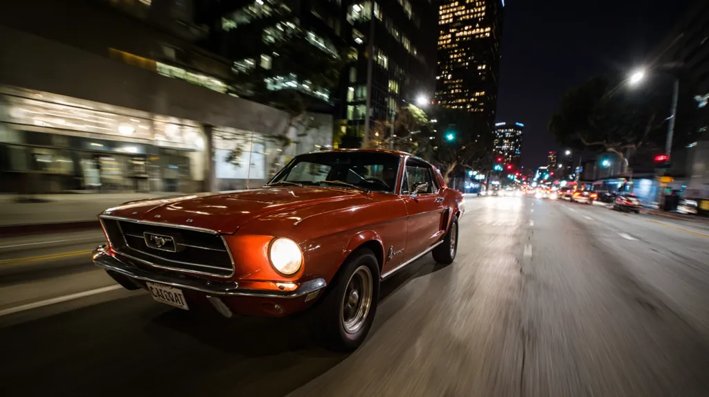 A classic red Ford Mustang coupe speeds down a city street at night.  The city lights blur in the background, creating a sense of motion. The car's headlights illuminate the road ahead, while the reflections in its polished paint add to the vibrant scene.  The image captures a nostalgic feel of a classic car cruising through a modern city.