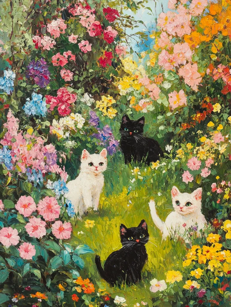 A vibrant oil painting depicts four kittens nestled amidst a profusion of colorful flowers. Two black kittens and two white kittens are playfully arranged in a lush garden setting.  The flowers bloom in a riot of pink, yellow, white, and purple hues, creating a cheerful and idyllic scene. The artist's impasto technique adds texture and depth to the blossoms and the soft fur of the kittens.