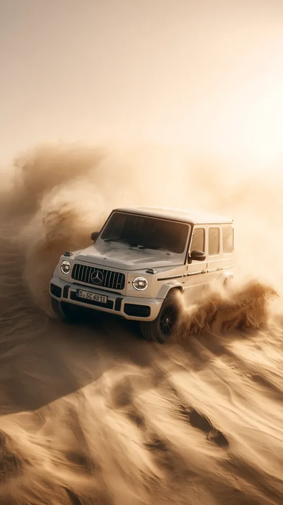 A white Mercedes-Benz G-Class SUV powers through a sandy desert landscape, kicking up a cloud of dust in its wake.  The sun casts a warm, golden light on the scene. The vehicle's front is clearly visible, showcasing its robust design and powerful presence.  The desert stretches out to the horizon, creating a dramatic backdrop to the powerful off-road vehicle.