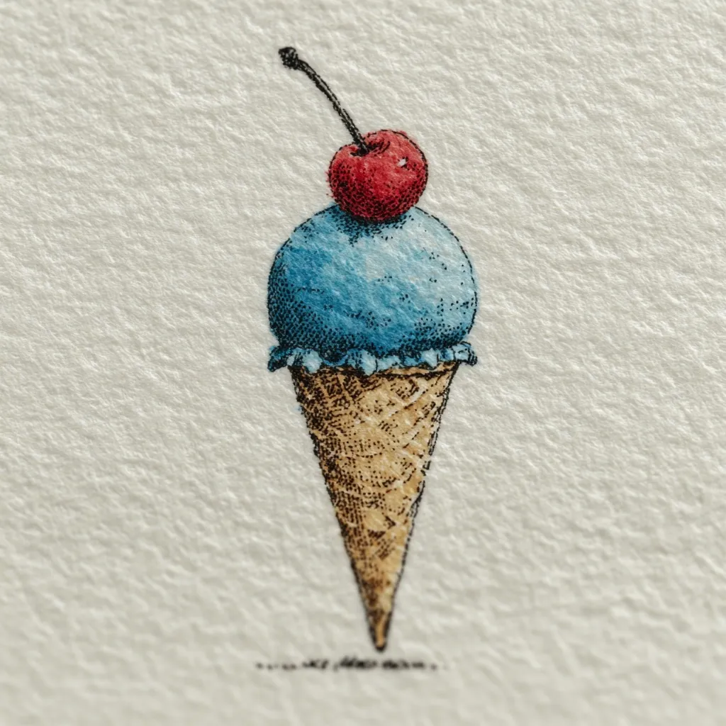 A detailed illustration depicts a single scoop of blue ice cream in a waffle cone, topped with a bright red cherry. The style is reminiscent of vintage printmaking, with meticulous dotwork creating texture in both the ice cream and cone.  The image is set against a textured, off-white background.