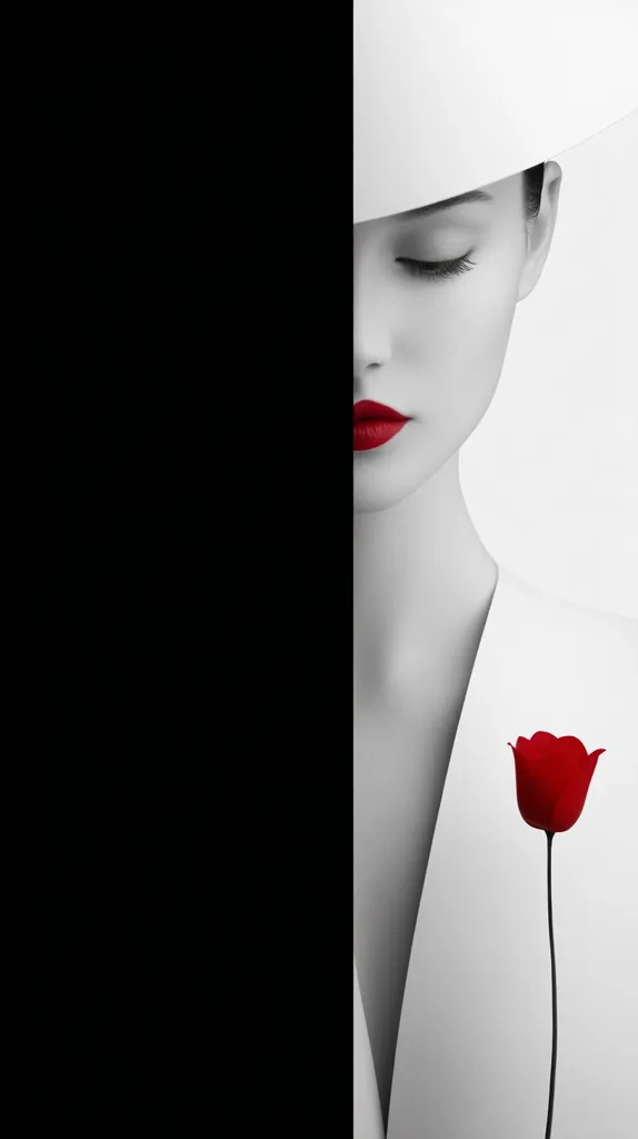 A monochromatic portrait of a woman wearing a large white hat, her face partially obscured by a black background.  Her eyes are closed, and she wears bold red lipstick. A single red tulip is pinned to her white garment, creating a striking contrast against the black and white tones. The image evokes a sense of elegance and mystery.