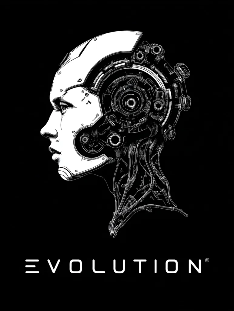 A striking monochrome image depicts a robotic head in profile, its intricate mechanical interior exposed.  The design is detailed and evocative of advanced technology, suggesting a fusion of human and machine. The word "EVOLUTION" is prominently displayed beneath the image, underscoring the theme of technological advancement and transformation.  The stark contrast between white and black enhances the image's futuristic aesthetic.