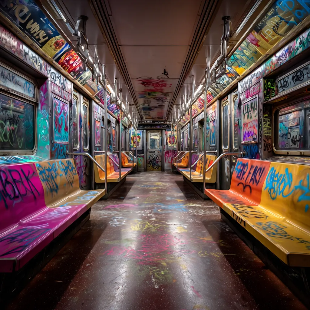 A vibrant and colorful subway car, heavily adorned with graffiti art, stands empty.  The seats, painted in various shades of pink, orange, and yellow, are covered in layers of spray paint.  The walls and floor are similarly decorated with a chaotic yet artistic blend of colors and tags.  The scene conveys a sense of urban decay and artistic expression. The overall atmosphere is dark, yet the graffiti adds a bright, almost celebratory, contrast.