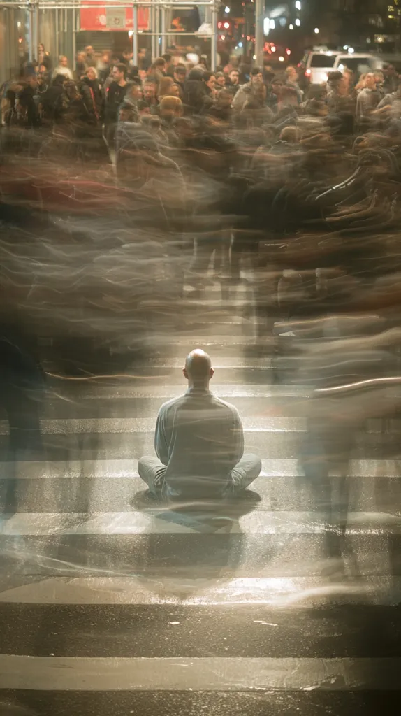 A lone, bald man sits cross-legged in a meditative pose on a city street.  He is centrally positioned, bathed in light, contrasting sharply with the blurred, motion-streaked figures of a bustling crowd rushing past him. The scene conveys a sense of peace and detachment amidst urban chaos.  The crosswalk stripes add a graphic element to the image.