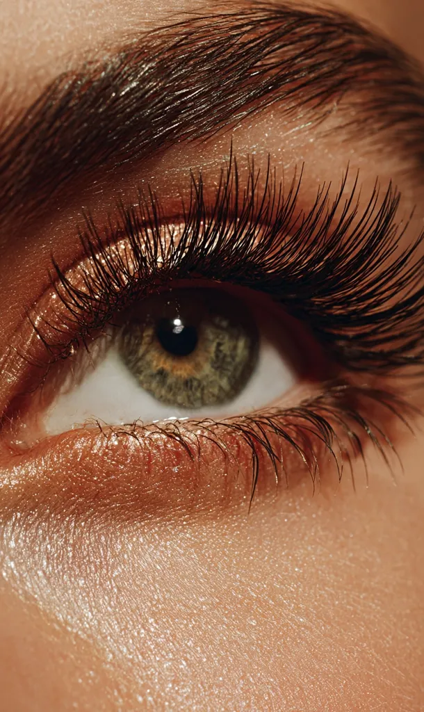 Close-up of a woman's eye featuring long, dark eyelashes and bronze eyeshadow.  The eye is hazel or green, and the skin has a subtle, shimmery highlight.  The eyebrow is dark and well-groomed, complementing the overall glamorous makeup look. The focus is sharp, highlighting the texture of the skin and lashes.