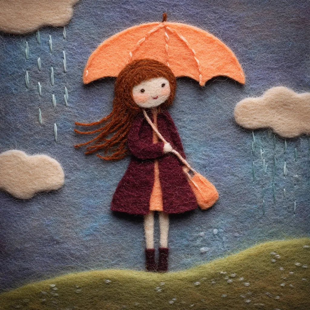 A needle-felted artwork depicts a girl with long brown hair, wearing a maroon coat and orange dress, holding an orange umbrella.  She carries a small orange bag.  The background shows a stormy sky with rain falling from fluffy clouds, rendered in shades of blue and grey. The scene is completed with a small, grassy hill at the bottom. The overall style is whimsical and charming.