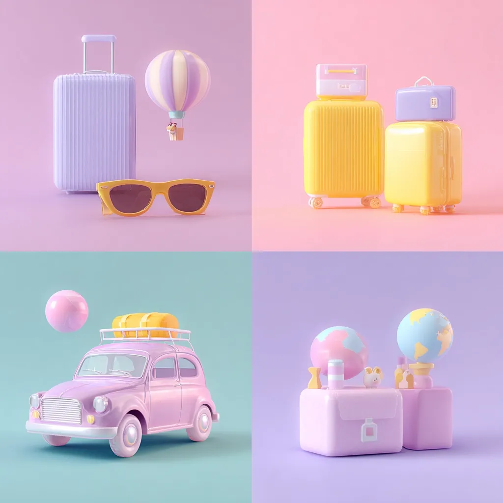A pastel-colored collage showcases various travel-themed items.  One section features a purple suitcase, sunglasses, and a hot air balloon. Another displays yellow suitcases. A third shows a vintage car with luggage, and the final section depicts globes and miniature luggage on pastel cubes.  The overall aesthetic is light, playful, and whimsical, suggesting a carefree travel experience.