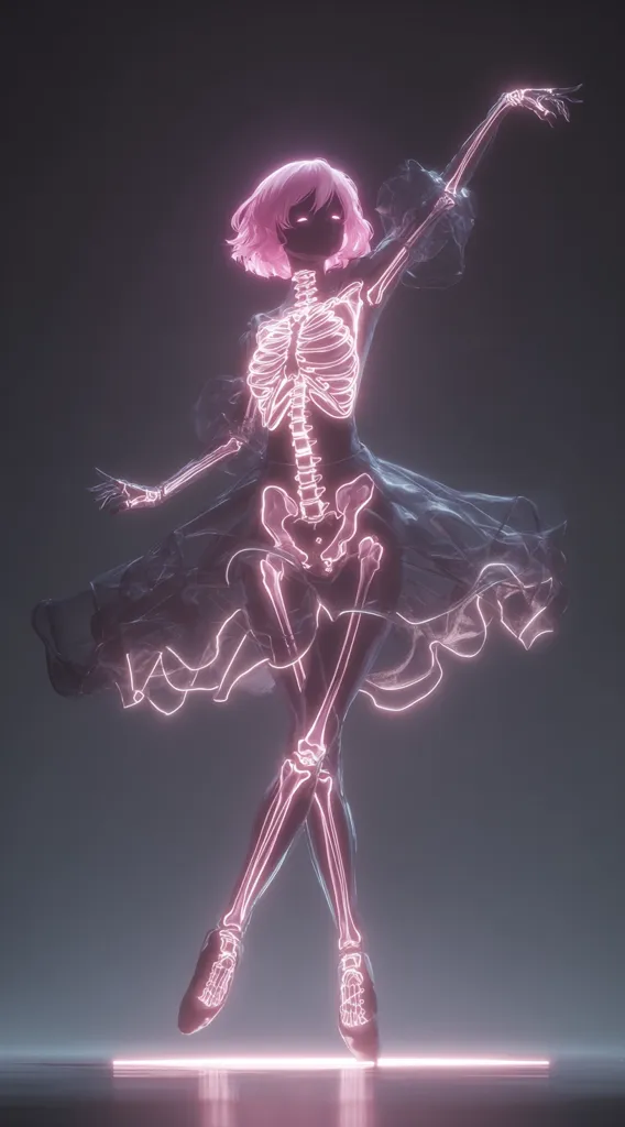 A digital rendering depicts a stylized female figure in a flowing dress.  Her skeletal structure is highlighted in glowing pink lines, creating a surreal and ethereal effect. The pose suggests movement, perhaps a dance, with one arm gracefully extended. The dark background contrasts sharply with the vibrant pink glow, emphasizing the skeletal detail and the delicate nature of the dress.  The overall aesthetic is both beautiful and slightly unsettling.