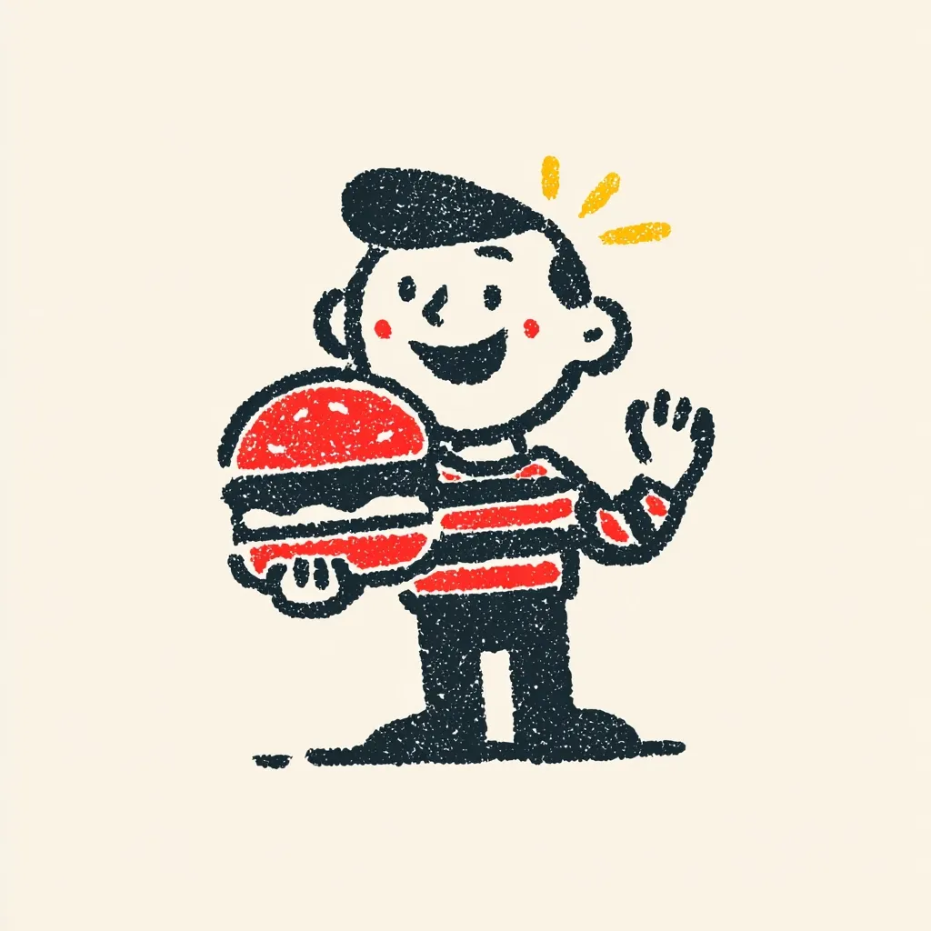 A cheerful cartoon boy, wearing a red and navy striped shirt, happily presents a large hamburger.  He has rosy cheeks and a wide smile, and his hand is raised in a friendly wave. The illustration style is reminiscent of crayon or textured digital art, giving it a playful, nostalgic feel.  The overall impression is one of joy and simple pleasure.