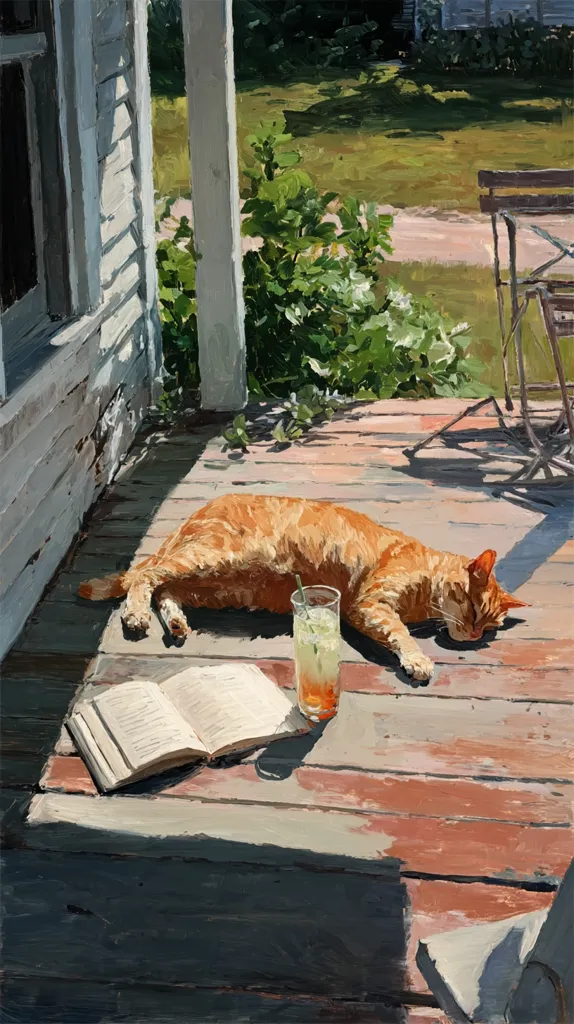 A sun-drenched porch scene depicts an orange tabby cat napping on weathered wooden planks.  A glass of lemonade sits beside an open book, suggesting a peaceful summer afternoon. The background includes a glimpse of a green lawn and part of a white house, adding to the idyllic setting. The artist uses visible brushstrokes to create a textured, realistic portrayal of the scene.