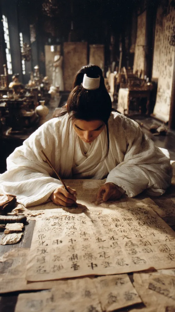 A young person, dressed in traditional East Asian garb, sits hunched over a table, meticulously writing with a brush on a large sheet of parchment covered in dense, flowing characters.  The setting is a dimly lit, antique room filled with scrolls, suggesting a scholar or scribe diligently at work in a historical setting.  The image evokes a sense of quiet concentration and ancient learning.