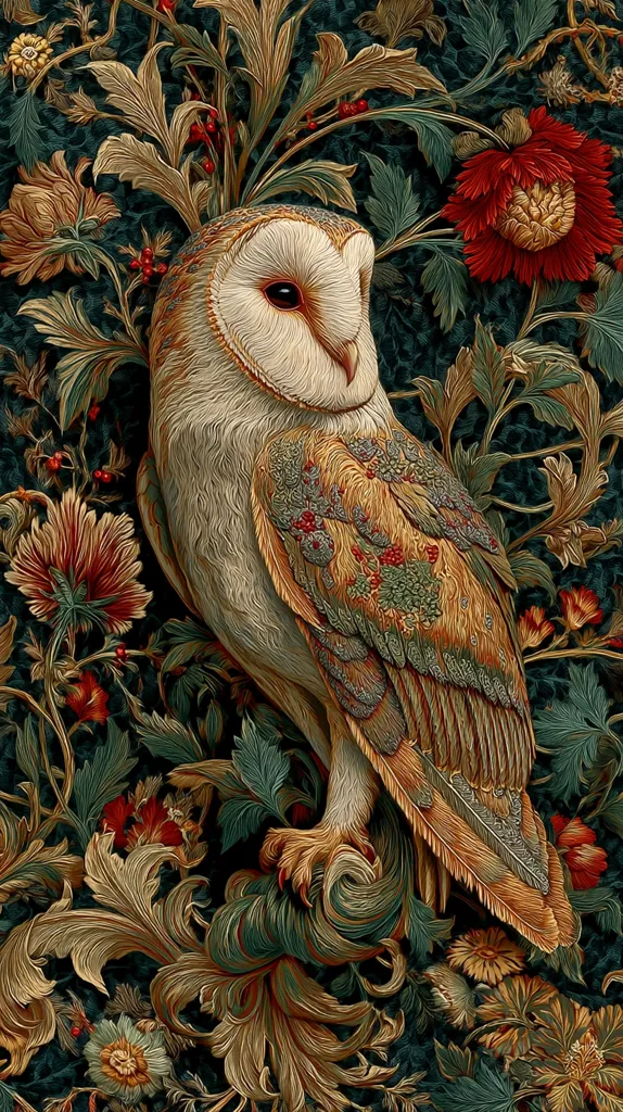 A barn owl, rendered in intricate detail, is the centerpiece of this artwork.  Its plumage is depicted in warm golds and greens, contrasting beautifully with the deep teal background.  The owl is surrounded by lush, stylized floral ornamentation in rich jewel tones, suggesting a tapestry or embroidered design.  The overall effect is one of opulent beauty and a mystical atmosphere.