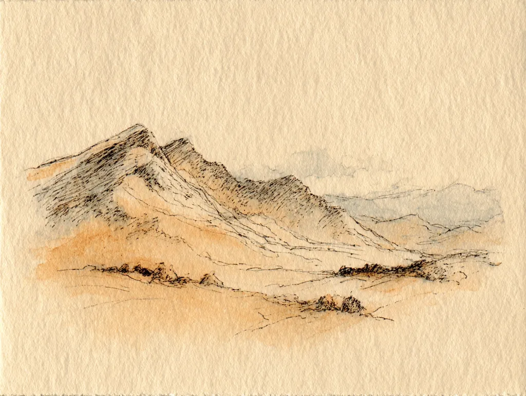 A delicate ink and watercolor landscape depicts a range of rolling hills under a pale sky.  The style is minimalist, focusing on the subtle contours of the land with fine lines suggesting texture and distance.  Warm, sandy tones wash the lower half, contrasting with the darker ink detailing of the hills. The overall impression is one of quiet serenity and vastness.