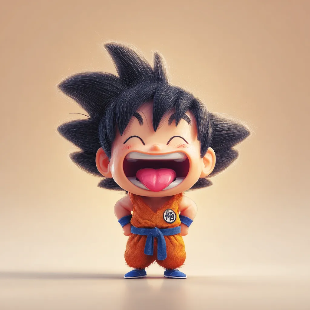 A 3D-rendered image showcases a chibi-style Goku, the iconic Dragon Ball Z protagonist.  He's depicted with a wide, joyful grin, tongue sticking out, and hands on his hips.  Goku wears his signature orange gi with a blue belt and the kanji for "Goku" on his chest.  The rendering style is highly detailed, emphasizing the character's playful expression and textured hair. The background is a simple, muted beige.