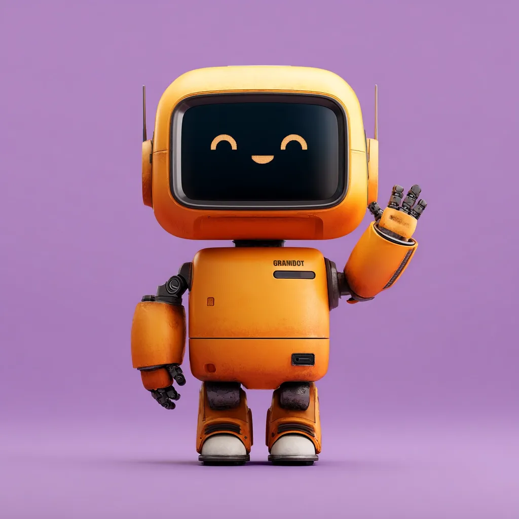 A cute, orange robot with a retro design waves hello.  Its face is a screen displaying a happy emoticon. The robot, labeled "Grandot," has short arms and legs, and is standing on a purple background. Its design is charming and friendly, suggesting a playful and approachable artificial intelligence.
