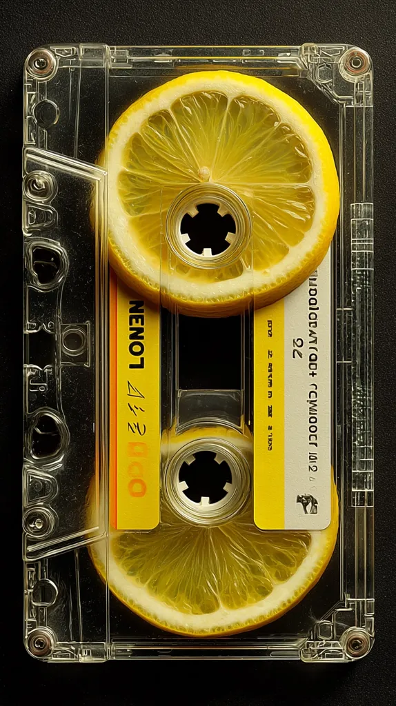 A transparent cassette tape is shown with two lemon slices positioned on either side of the cassette's magnetic tape. The yellow citrus fruit fills the space where the tape would typically be visible.  The cassette case is clear, allowing the lemon slices and the yellow label to be seen clearly against a dark background. The label appears to have text and design elements associated with music.