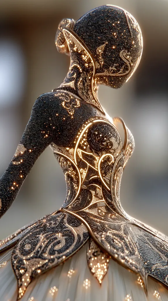 A digital rendering showcases an intricately designed gown.  The bodice and skirt are adorned with a dark, jewel-encrusted pattern, accented by glowing gold filigree. The design is reminiscent of ornate baroque or rococo styles. The model's pose, with head slightly turned, adds to the elegant and ethereal feel of the image. The overall effect is one of luxurious fantasy.