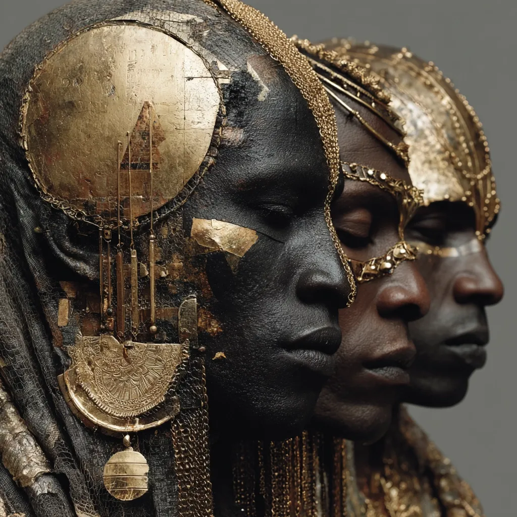 Three individuals with dark skin are depicted in profile, their faces adorned with intricate gold leaf and elaborate, ornate gold headdresses and jewelry.  The goldwork features geometric and organic designs, creating a striking contrast against their dark skin.  Their eyes are closed, suggesting a contemplative or regal mood. The image evokes a sense of ancient royalty or spiritual significance.