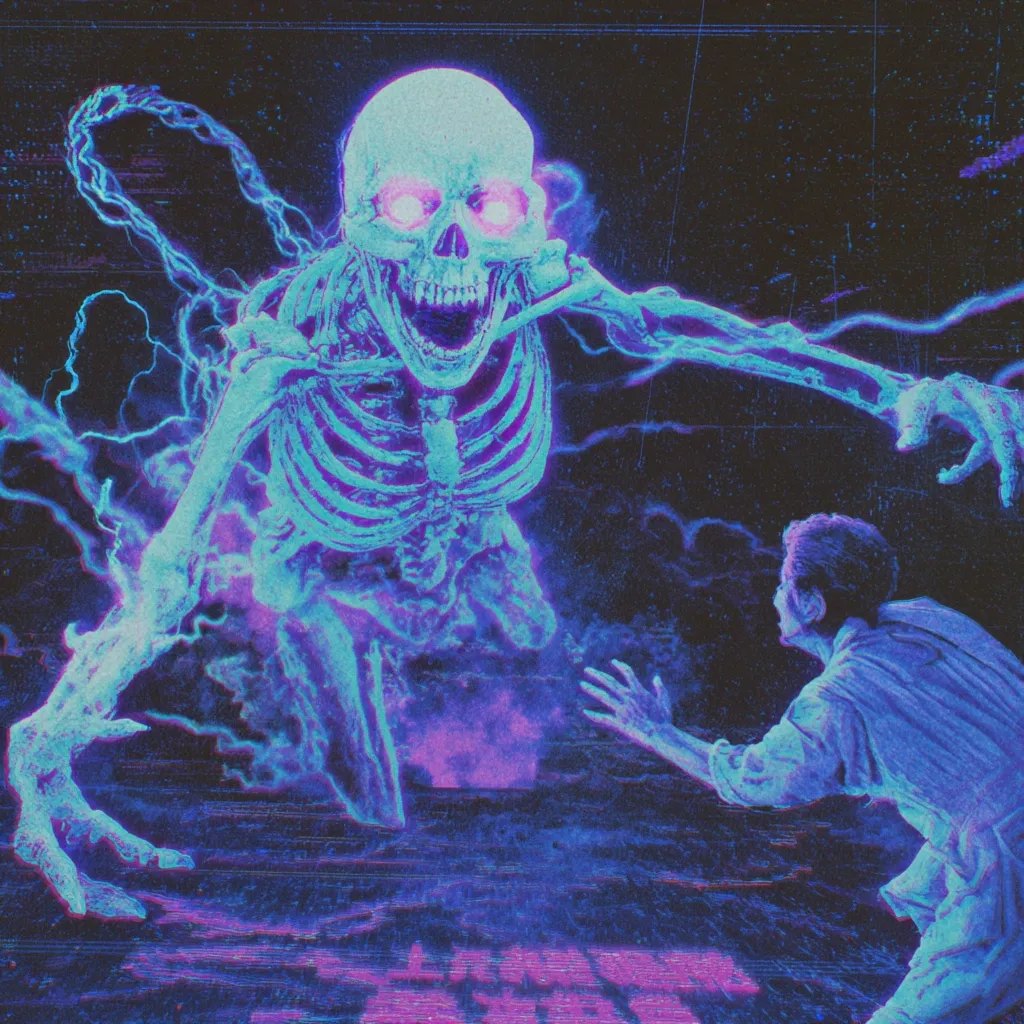 A vibrant, surreal artwork depicts a glowing, skeletal figure, seemingly made of energy, looming over a terrified person.  The skeleton's skull is prominent, with glowing eyes, and its form is outlined by electric blue energy. The person recoils, their posture suggesting fear and helplessness in the face of the otherworldly entity. The overall aesthetic is dark, psychedelic, and evokes a sense of dread.