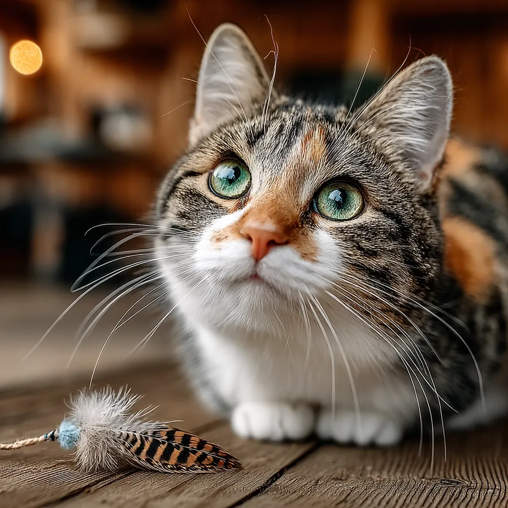 A calico cat with striking green eyes gazes upward, its attention captivated by a small feathered toy lying on a wooden floor.  The cat's fur is a mix of brown, black, and white, and its expression is one of playful curiosity.  The shallow depth of field emphasizes the cat's face and the toy, creating a charming and intimate scene.