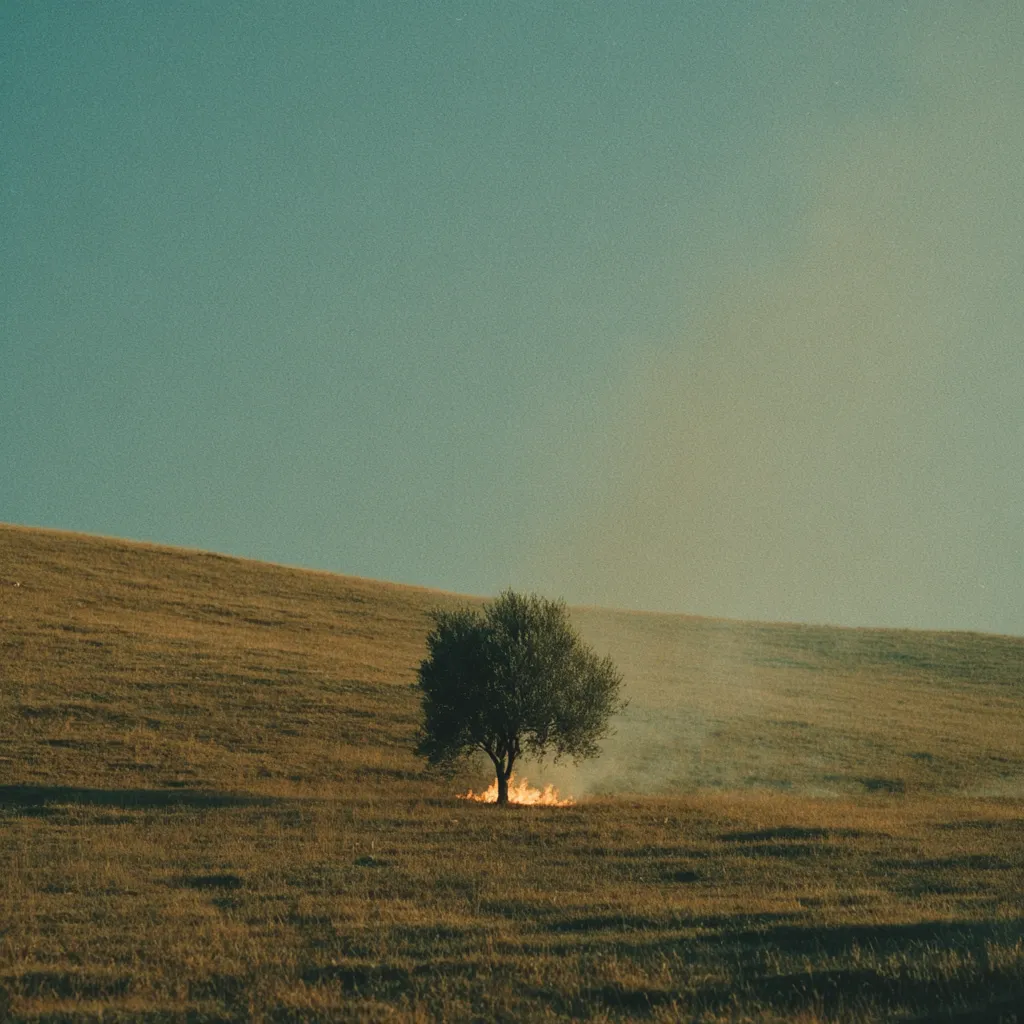 A solitary tree stands on a gently sloping hillside under a clear, pale sky.  A small fire burns at the base of the tree, emitting a wisp of smoke. The grass is dry and golden-brown, stretching to the horizon. The overall mood is serene yet slightly ominous, suggesting themes of isolation, resilience, or the passage of time.